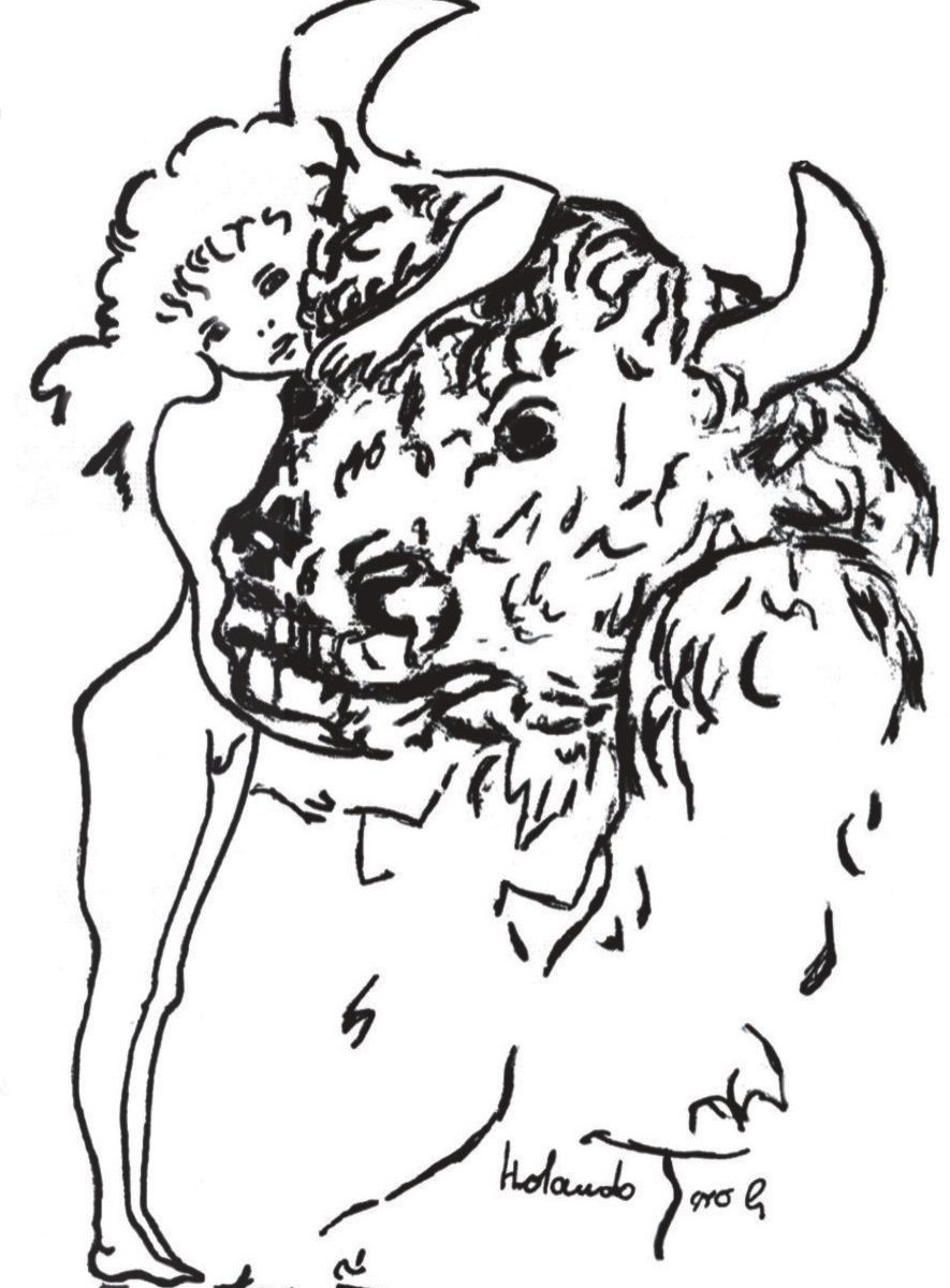 Deklica in Minotaver, karikatura Rolanda Tora Araneda